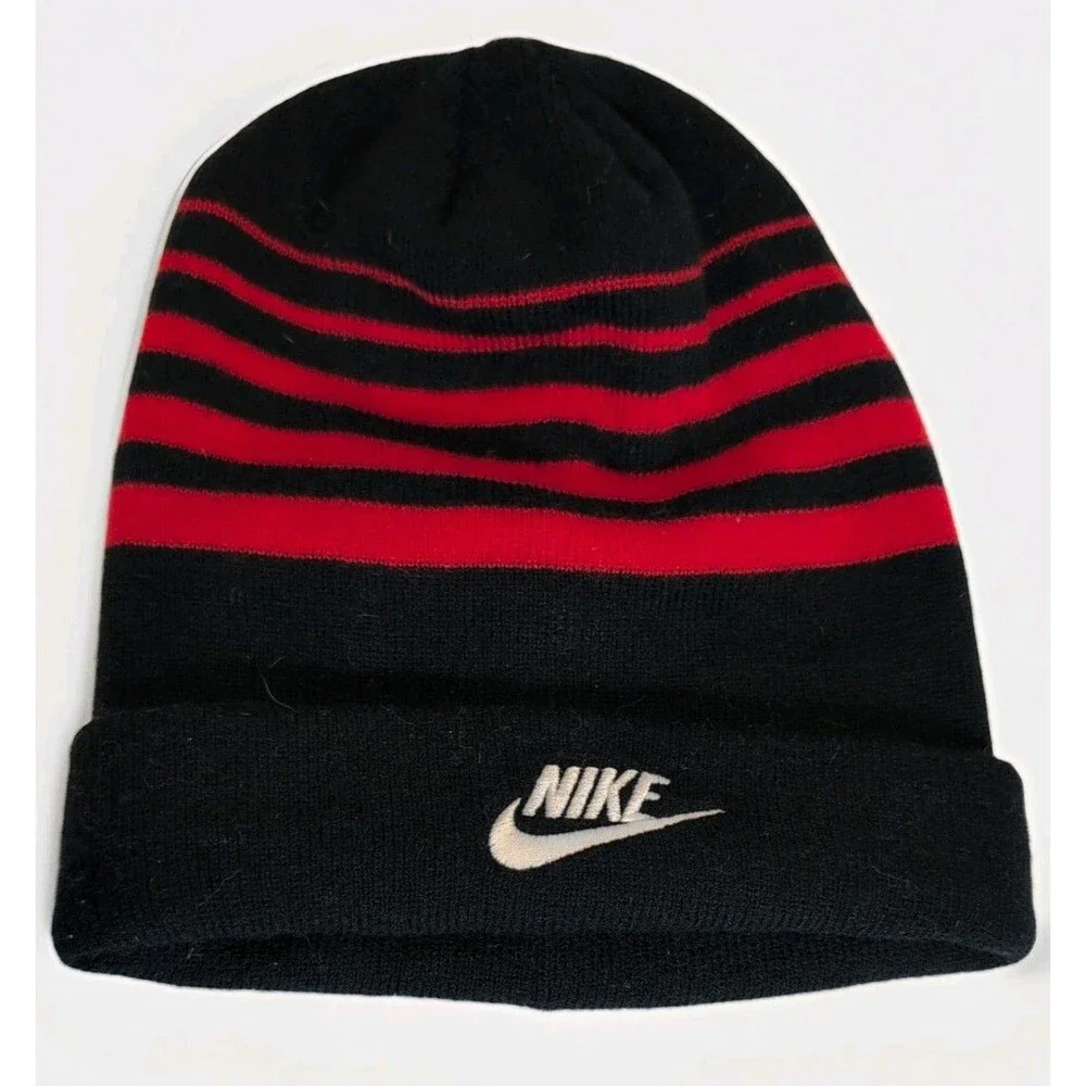 Nike Beanie Youth One Size- Embroidered Logo-black with red stripes